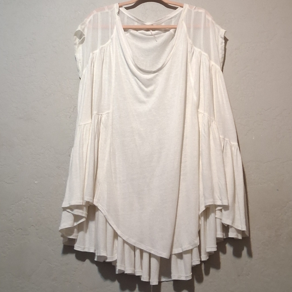 Free People Layered Shirt Linen Blend Neutral Short Sleeve Babydoll Ivory SzS - Picture 14 of 14